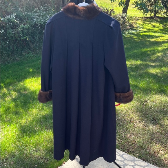 Vintage Marvin Richards USA Full Length Navy Pea Coat Winter Coat Brown Fur Trim - Picture 11 of 17